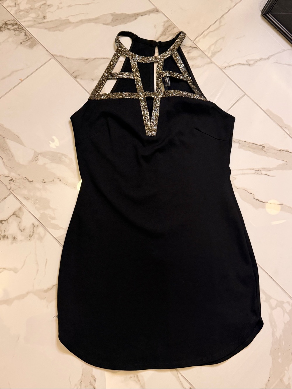 Black Halter mini Dress with Metallic Trim